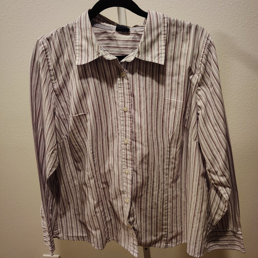 Basic Editions Women's Long Sleeve Button Front Blouse Stripe Stripes Purple